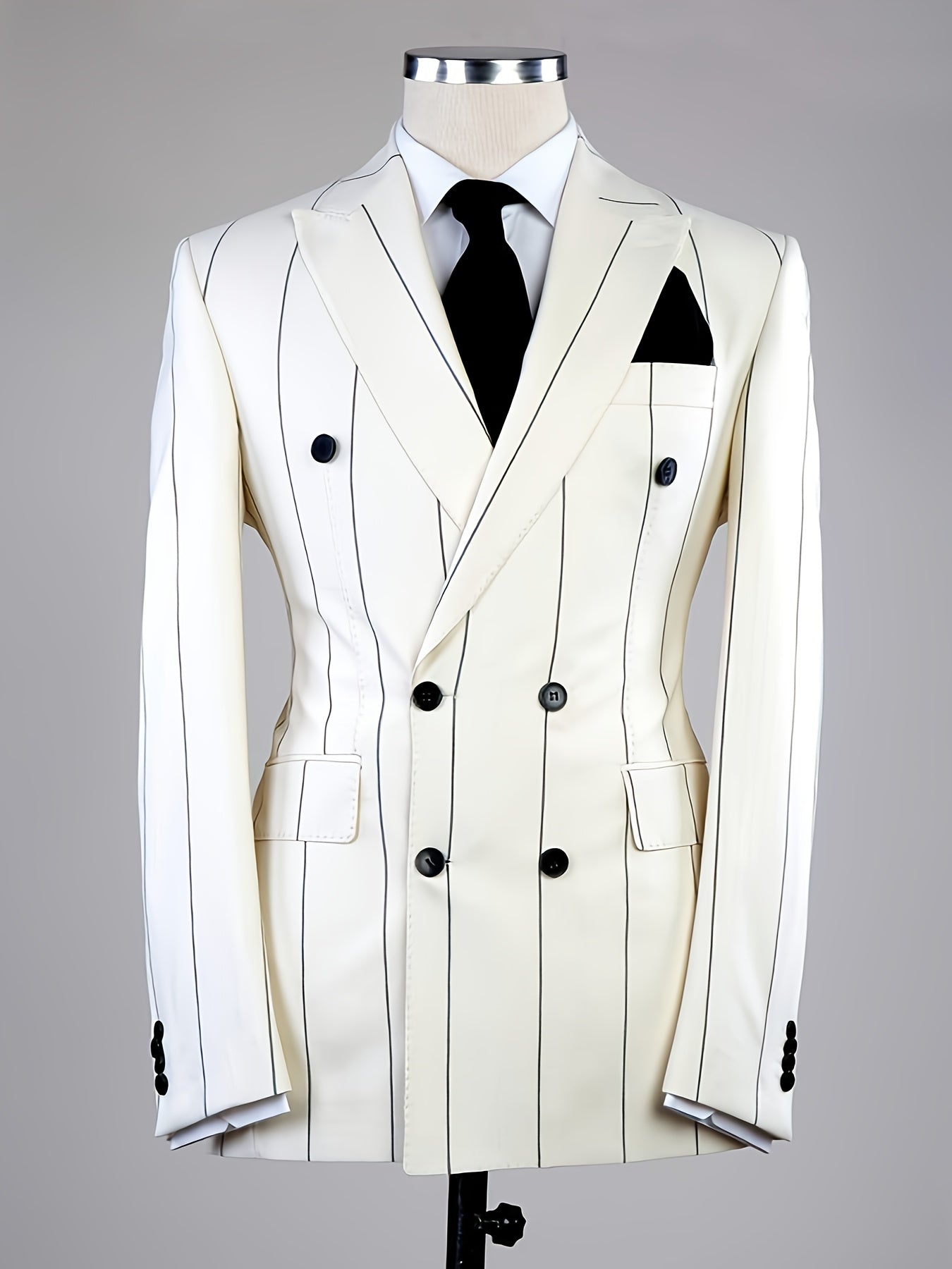 Men's double-breasted stripe suit jacket by SHOWLU FASHION STORE, featuring a regular fit, polyester fabric, and classic design.