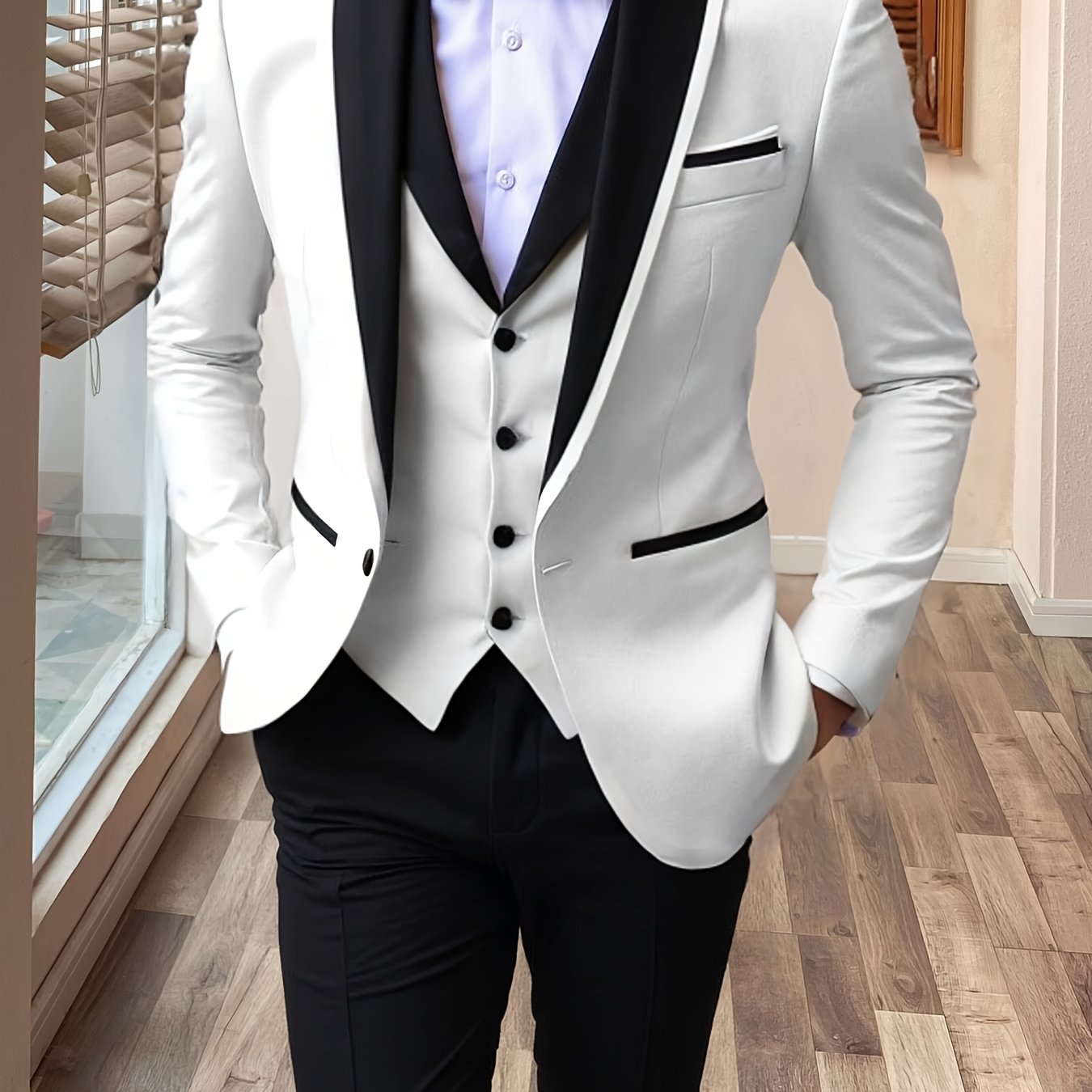 SHOWLU FASHION men's 3-piece slim fit suit with shawl lapel, ideal for formal weddings, displayed on a hanger against a neutral background.