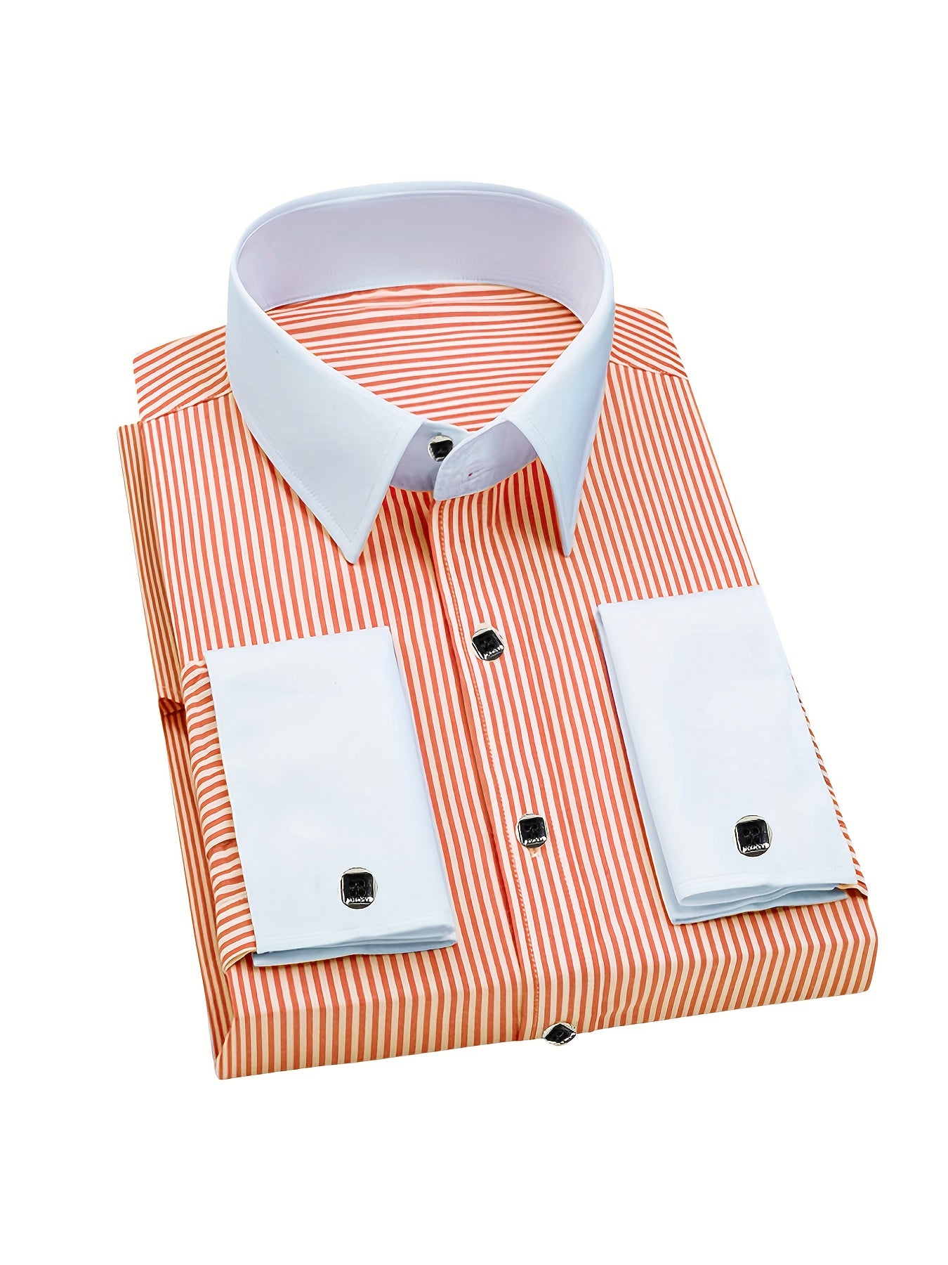 Showlu men's slim fit striped formal shirt with French cuffs, made of polyester, displayed on a hanger.