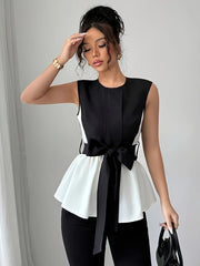 Elegant Women'S Sleeveless Crop Top Blouse with Front Tie - Black & White, Slim Fit, Round Neck, Perfect for Spring and Summer Office or Casual Wear, Spring Fashion | Sleeveless Crop Top | Stylish Bow Detail