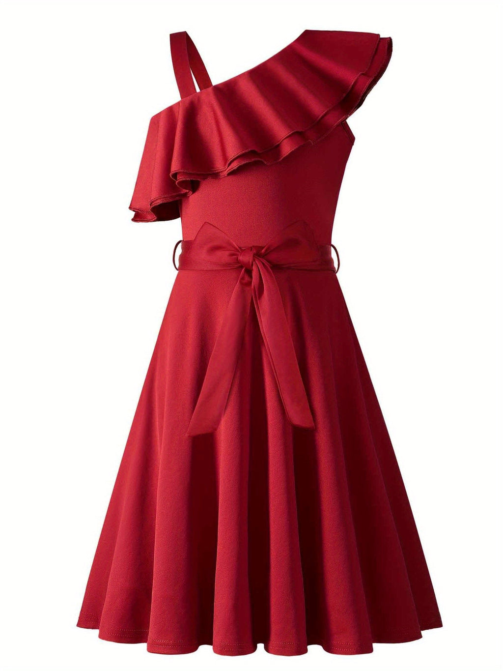 Girls polka dot one-shoulder ruffle A-line dress by SHOWLU FASHION, featuring a stylish design with ruffles and a playful polka dot pattern.