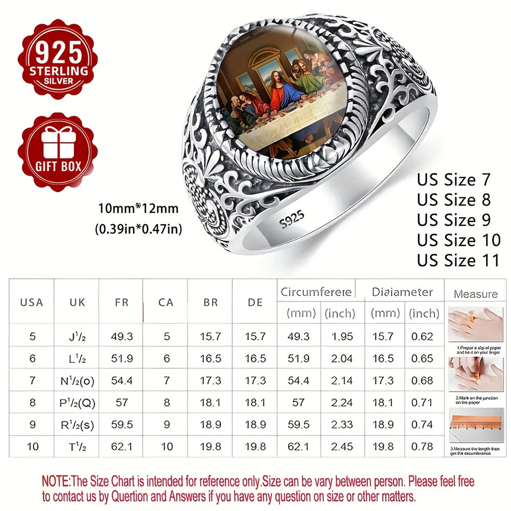 Showlu Men's Last Supper engraved ring in silver plated vintage band with detailed religious design on a plain background.