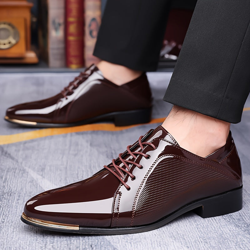 SHOWLU Men's pointed toe lace-up dress shoes in solid PU leather, classic Oxford style with sleek finish.