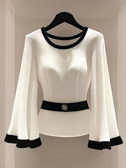 Elegant Round Neck Blouse with Flared Sleeves and Waist-Cinching Detail - White, Long Sleeve, Sleeveless Top for Women, Versatile Clothing | Minimalist Style | Elegant Sleeve Design