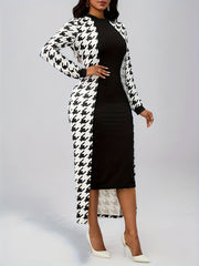 Women's Fashionable and Elegant Casual Houndstooth Pattern Long Sleeve Dress without Belt, Elegantly Targeted