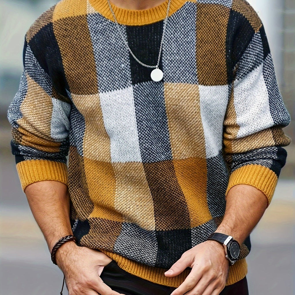 Men's plaid crew neck sweater by SHOWLU FASHION STORE, casual viscose knit pullover with classic plaid pattern, front view.