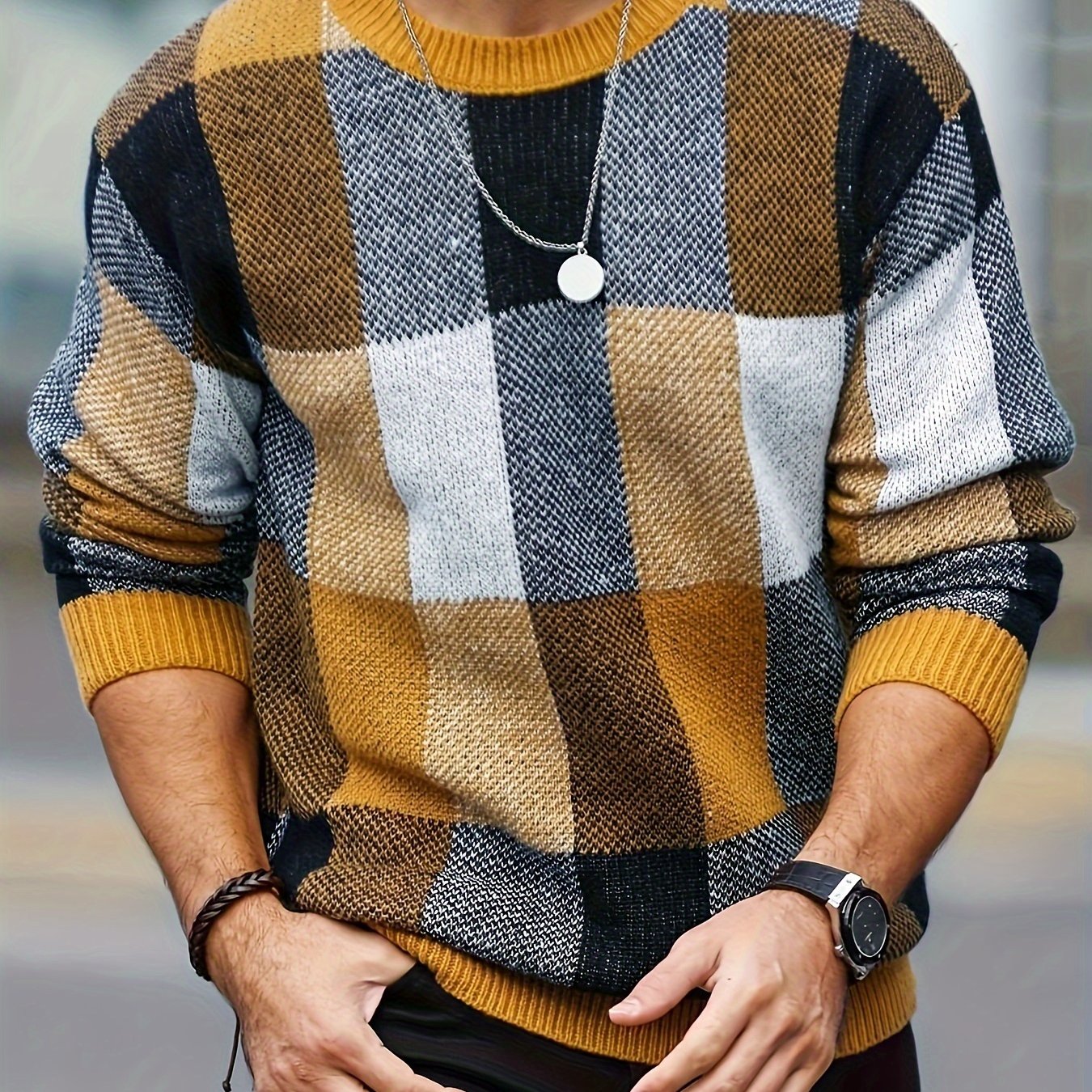 Men's plaid crew neck sweater by SHOWLU FASHION STORE, casual viscose knit pullover with classic plaid pattern, front view.