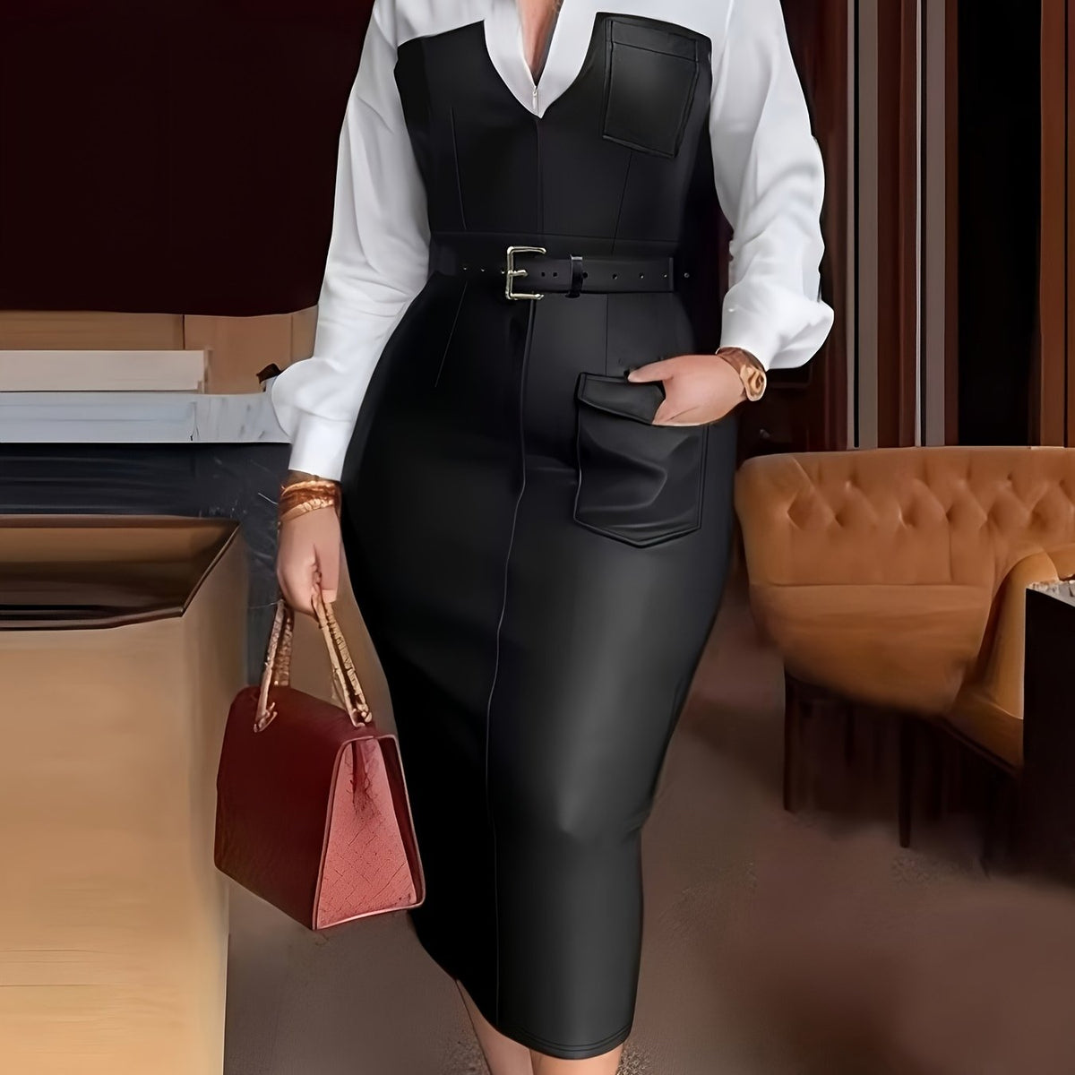 Elegant European and American Style Solid Color Patchwork Long Sleeve Dress for Women
