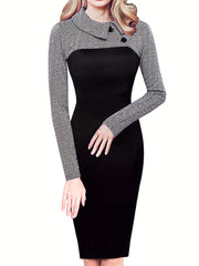 Women'S Elegant Black and Beige Color Block Pencil Dress - Slim Fit, Long Sleeve, Round Neck with Button Detail, Perfect for Spring/Summer, Adult Fashion, Elegant Attire|Sleek Fitted Design|Polyester Fabric