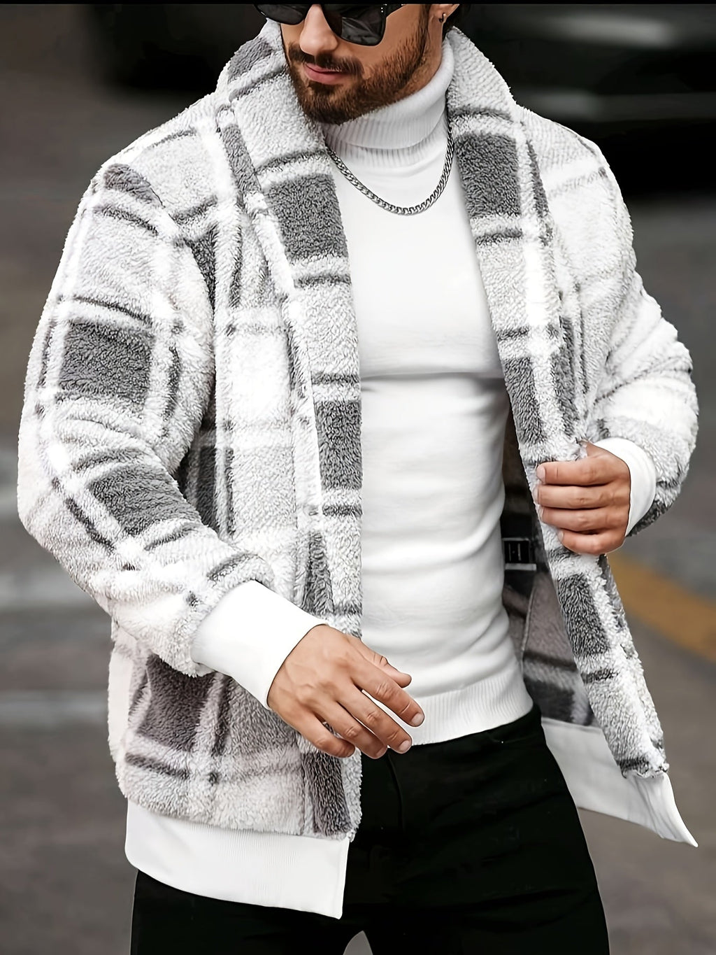 SHOWLU Men's black and yellow checkered plush fleece jacket with soft thermal fabric and cozy collar detail.