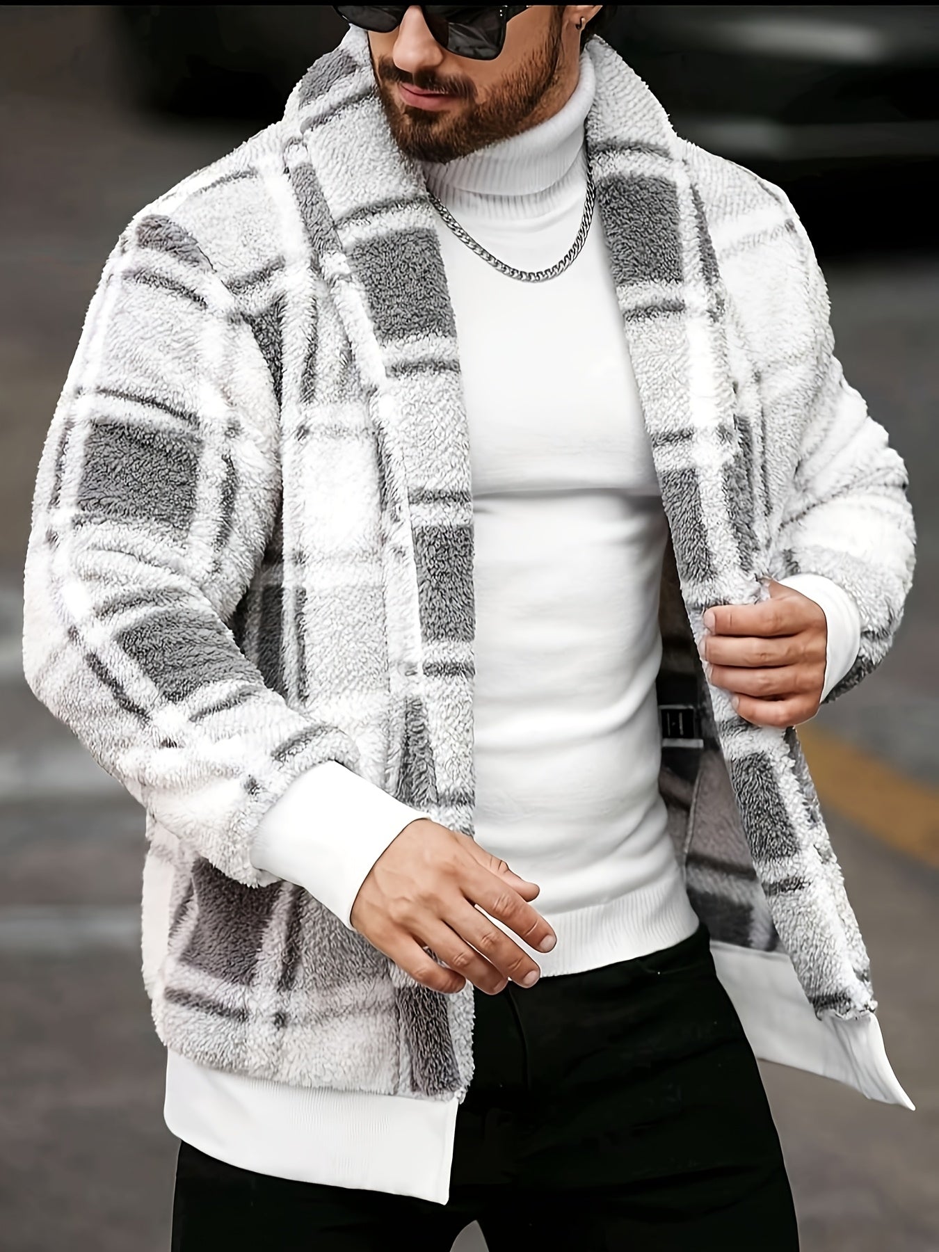 SHOWLU Men's black and yellow checkered plush fleece jacket with soft thermal fabric and cozy collar detail.
