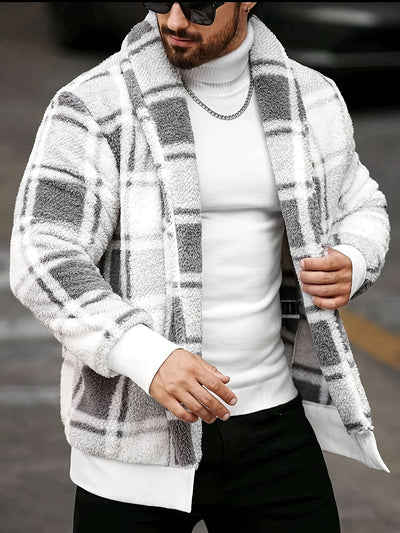 Men'S Plush Jacket - Black & Yellow Checkered Coat, Soft Thermal Insulation Lightweight Outerwear for Fall/Winter, Minimalist Formal & Everyday Blazers, Easy-Care Non-Lined Design, Fall Fashion, Classic Collar, Durable Constr