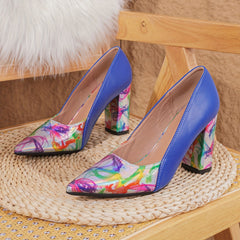 Elegant High Heels: Bold Green And Colorful Abstract Design, Pointy Toe, Chunky Heel, Non-Slip Sole, Perfect for Fashionable Occasions