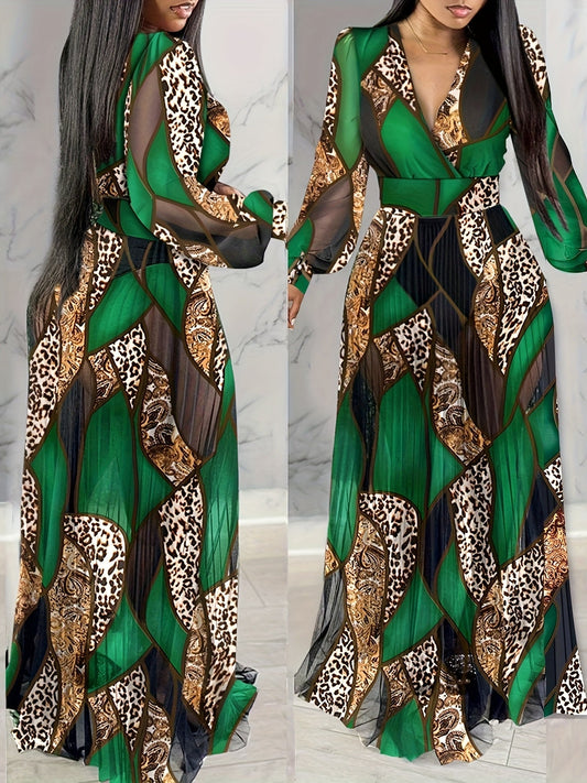 Leopard Print Lantern Sleeve Sheer V-Neck Sheer Mesh Maxi Dress Elegant Evening Dress SHOWLU FASHION STORE