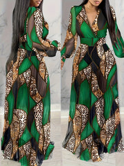Leopard Print Lantern Sleeve Sheer V-Neck Sheer Mesh Maxi Dress Elegant Evening Dress SHOWLU FASHION STORE