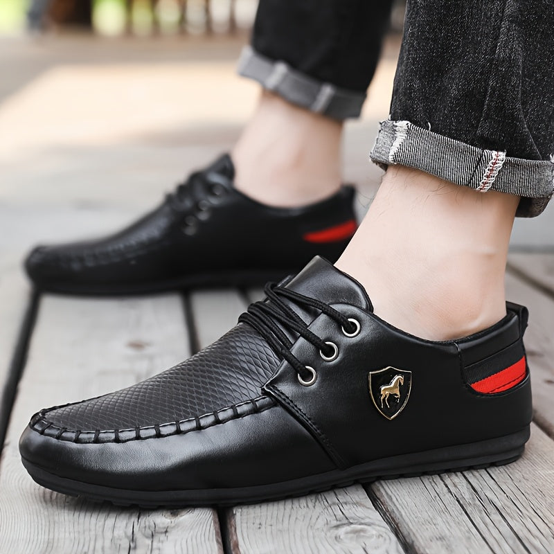Men's black lace-up formal shoes by Showlu Fashion Store, durable PU leather business shoes with polished finish.