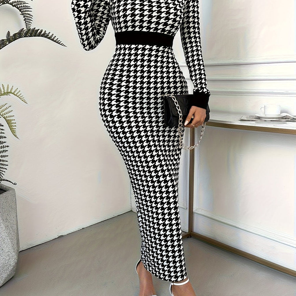 Houndstooth bodycon dress by SHOWLU FASHION with a crew neck, fitted knit design, perfect for elegant casual or evening wear.