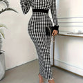 Houndstooth bodycon dress by SHOWLU FASHION with a crew neck, fitted knit design, perfect for elegant casual or evening wear.