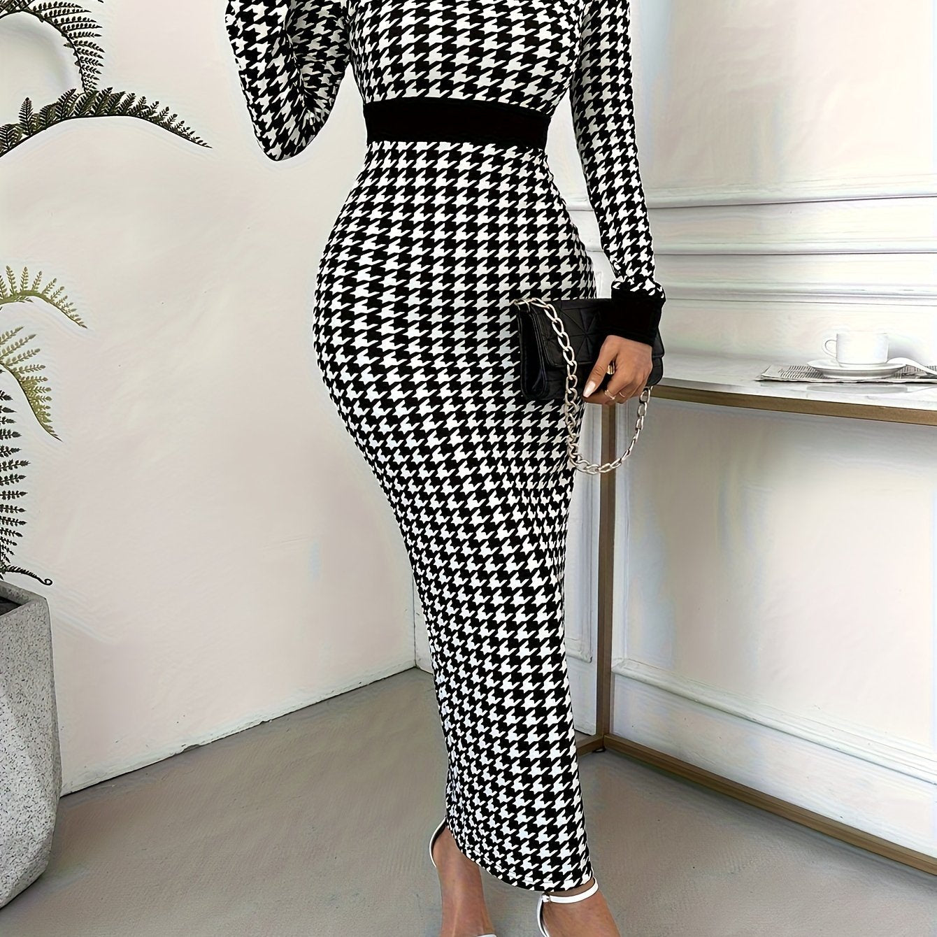 Houndstooth bodycon dress by SHOWLU FASHION with a crew neck, fitted knit design, perfect for elegant casual or evening wear.