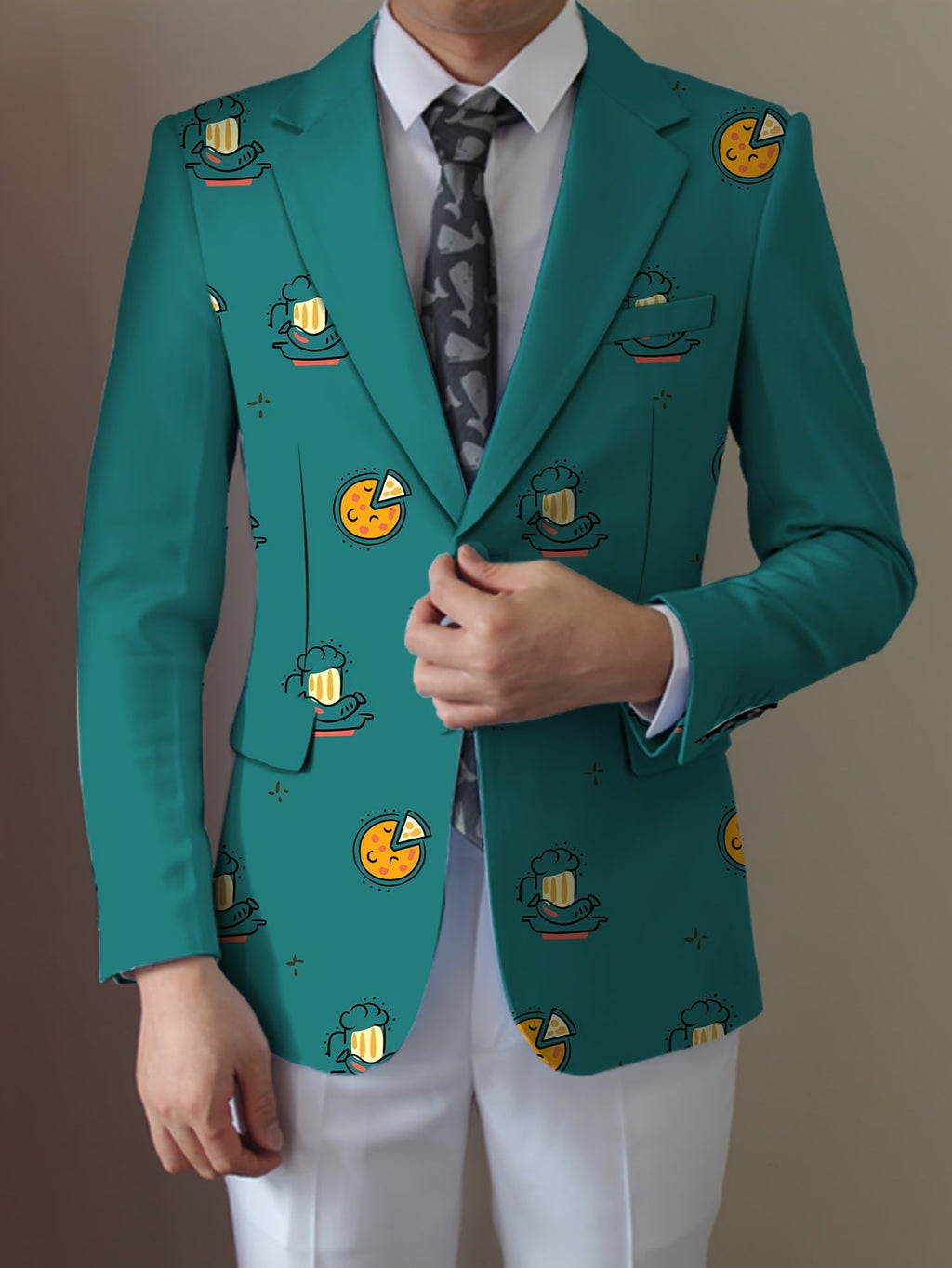 SHOWLU Men's casual food cartoon blazer with regular fit lapel suit jacket, featuring colorful food pattern and tailored design.