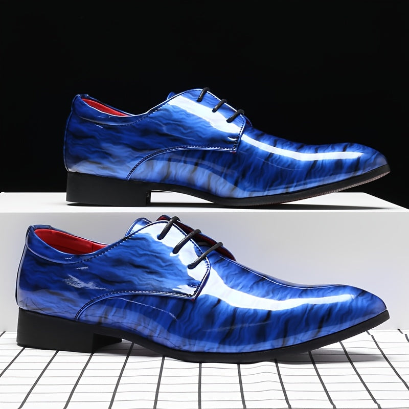 Blue ripple glossy pointed toe men's dress shoes by SHOWLU FASHION STORE, stylish business footwear for formal occasions.