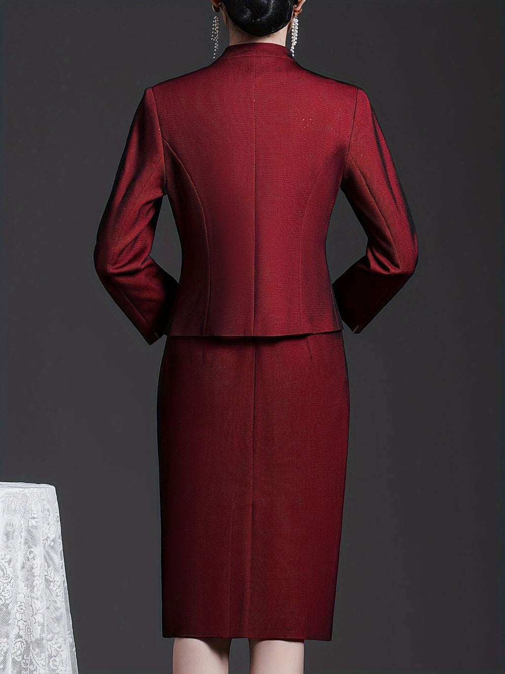 Wine red two-piece dress set by SHOWLU FASHION with floral embroidery, featuring a sundress and matching top.
