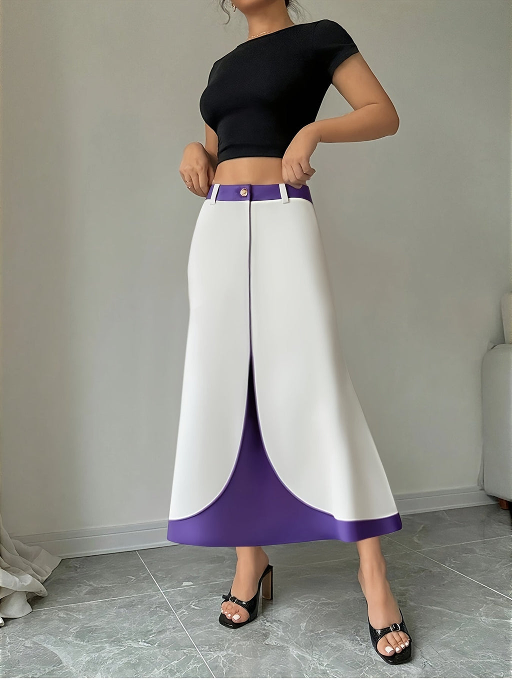 Purple and white color-block A-line skirt by SHOWLU FASHION, featuring a stylish and elegant design with a flattering fit.