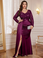 P54412A Elegant Plus Size Sequin Lace Bridesmaid Gown, V-Neck Long Sleeves, Side Slit Ruched Satin Mermaid Hem, Perfect For Formal Events, Weddings, Parties