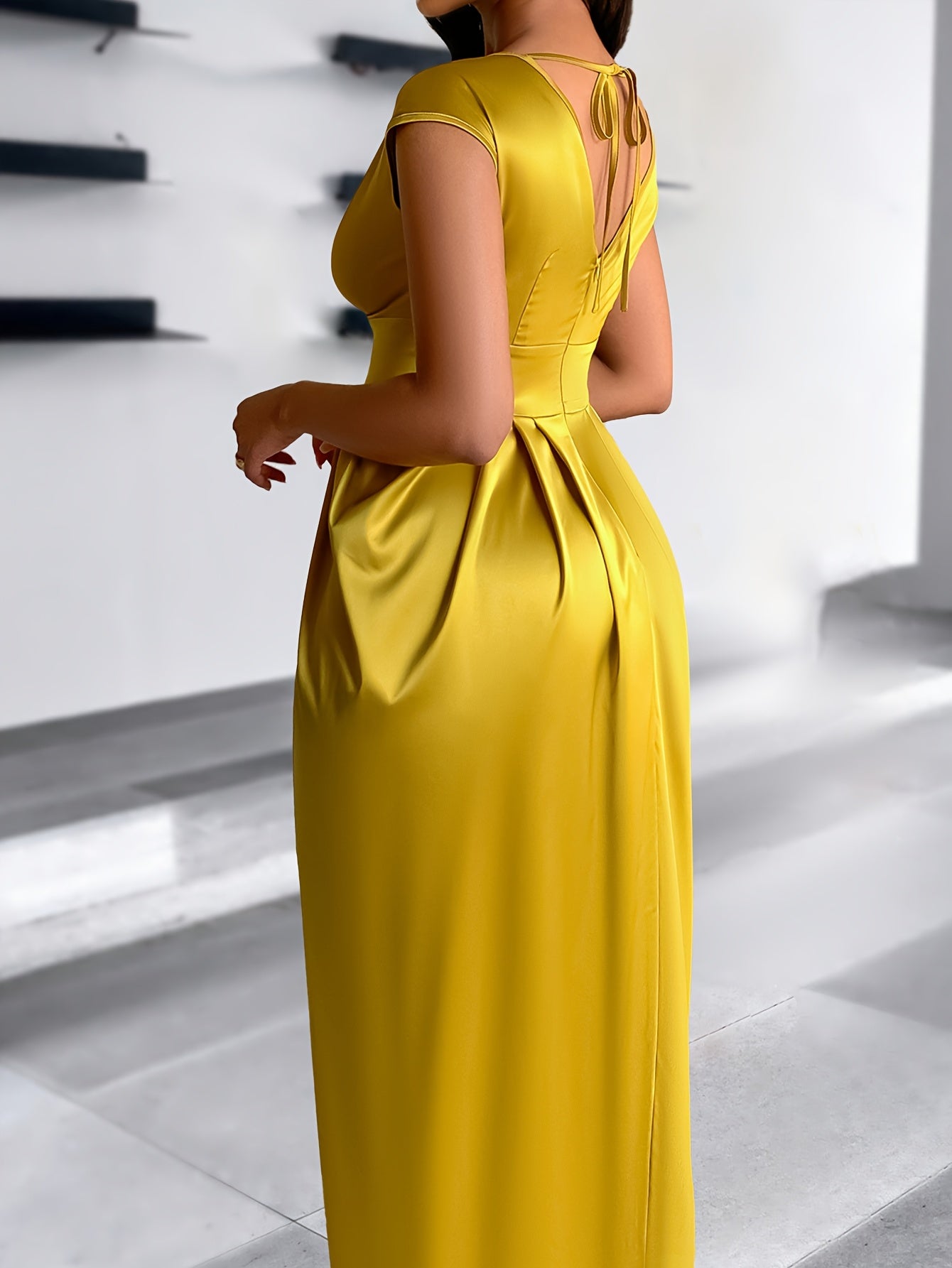 Elegant SHOWLU FASHION women's V-neck satin bodycon gown, showcasing a fitted party dress with a sleek, shiny fabric and V-neck design.