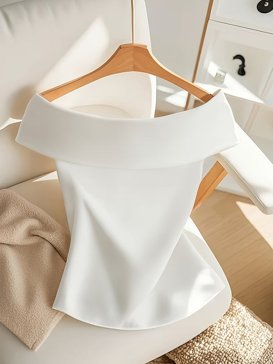Elegant Off-Shoulder Bow Tie Satin Blouse for Women - Chic French-Inspired Slim Fit Crop Top, Solid Color with Front Bow Detail, Perfect for Summer and Casual Wear, Versatile Blouse | Chic Design | Polyester Linin