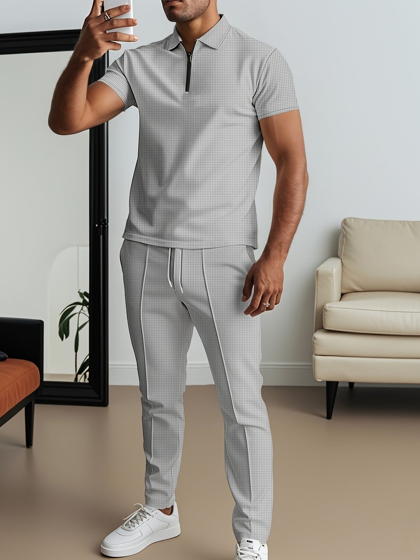SHOWLU men's waffle texture short sleeve shirt and matching pants 2-piece set, casual and comfortable clothing.