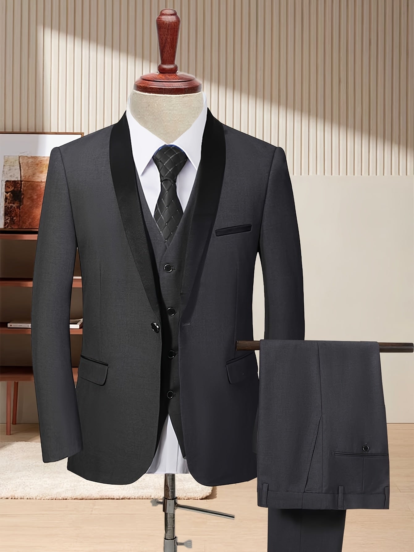 Livezou men's 3-piece slim fit wedding suit with shawl collar tuxedo set, including jacket, vest, and trousers, from SHOWLU FASHION STORE.