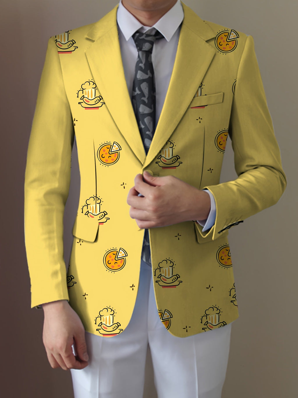 SHOWLU Men's casual food cartoon blazer with lapel, regular fit, stylish suit jacket featuring fun food-themed design.