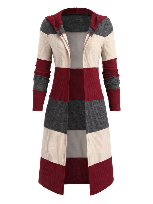 Women's Casual Hooded Long Sleeve Cardigan - Maroon & Color-Block Design, Machine Washable Fall Winter Warm Coat with Front Pockets, Seasonal Fashion, Relaxed Fit, Quality Stitching, Autumn Wardrobe