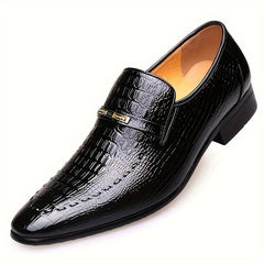 [Crocodile Oxford Loafers] Crocodile-Embossed Men's Black Oxford Loafers - Slip-On Dress Shoes with Golden-Tone Metallic Emblem - Comfortable Rubber Sole for Casual Business Formal Occasions