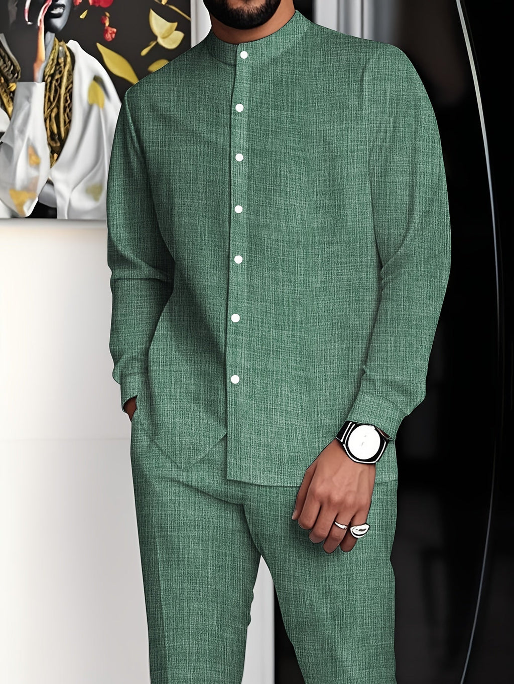 Men's minimalist business suit from SHOWLU FASHION STORE featuring a solid color, stand collar, and two-piece design.