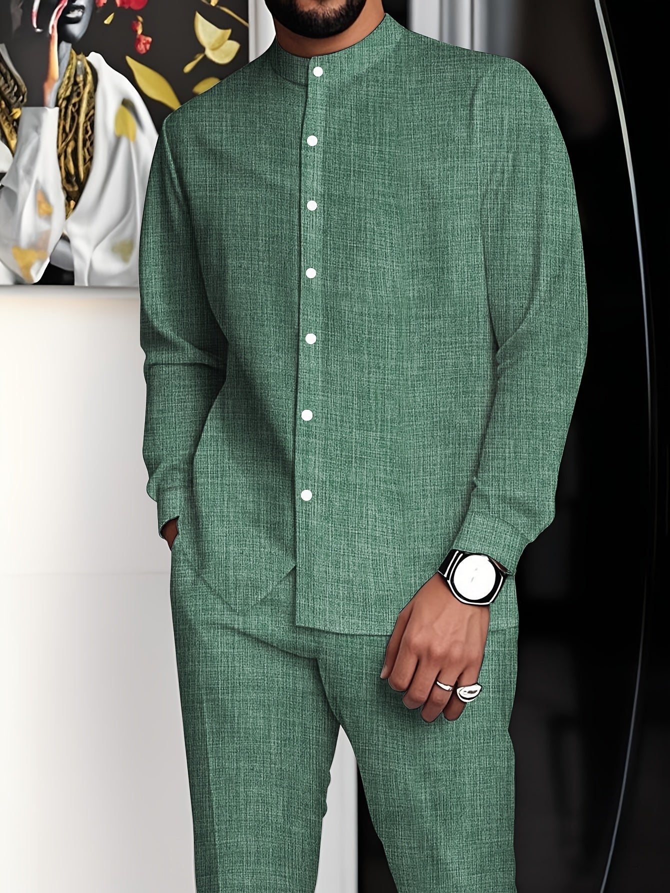 Men's minimalist business suit from SHOWLU FASHION STORE featuring a solid color, stand collar, and two-piece design.