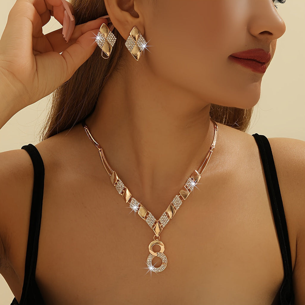 SHOWLU FASHION 3-piece luxury jewelry set with 14K gold plating and natural stones, featuring earrings, necklace, and bracelet.