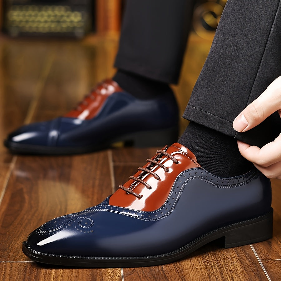 Showlu Fashion men's lace-up wedding shoes with round toe, casual style, made of black PU leather, displayed on a neutral background.