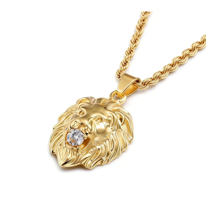 Showlu Golden Lion Head Pendant Necklace featuring a stainless steel lion design, ideal for hip-hop jewelry styles.