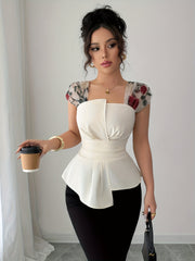 Women's Elegant Sleeveless Square Neck Blouse with Asymmetrical Hem & Floral Print - Summer Lightweight Machine-Washable Top for Casual Formal Outfits, Versatile Fashion, Twisted Waist Design, Smooth Fabric Texture, Office We