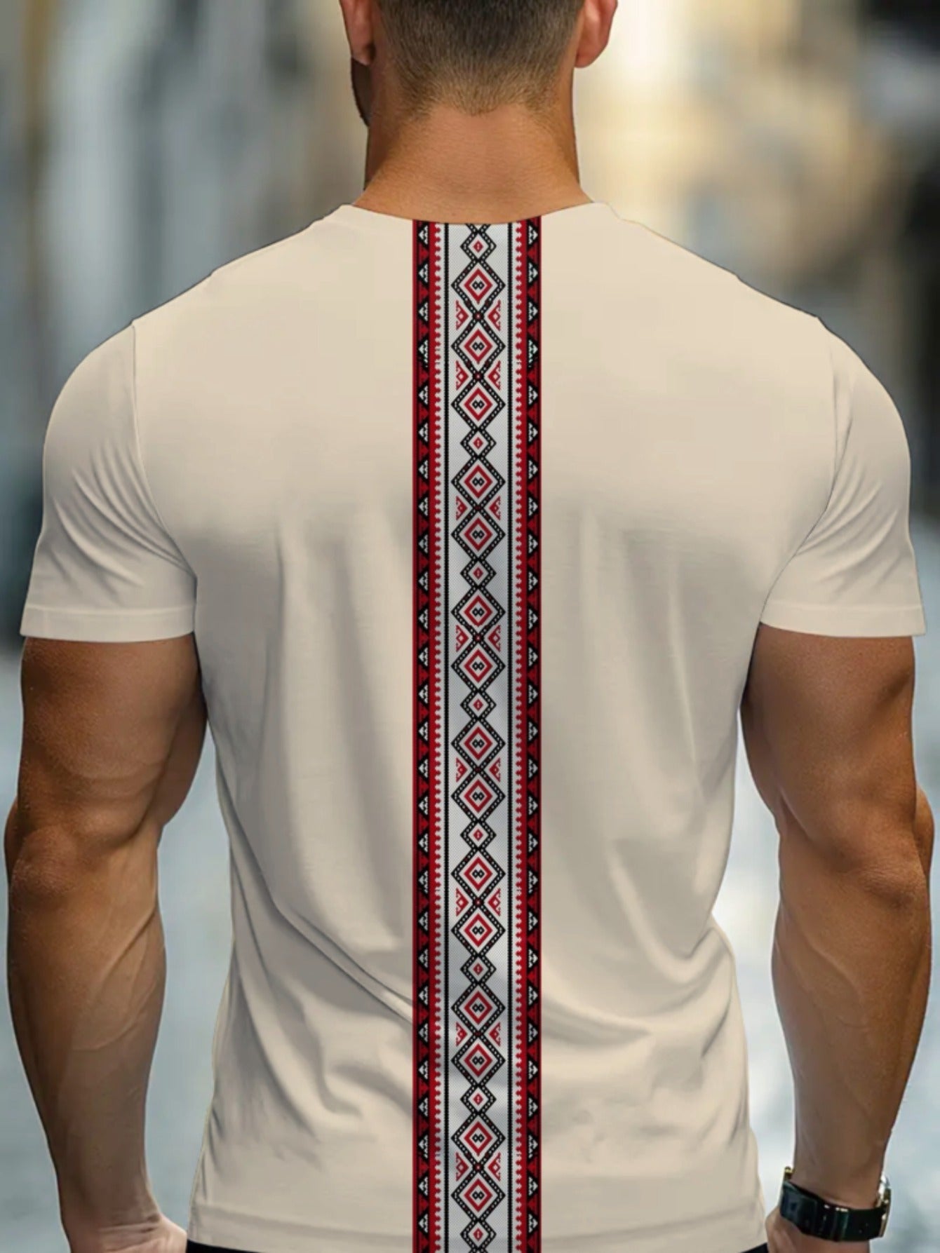 SHOWLU Men's geometric embroidery crew neck T-shirt, polyester top with modern design, displayed on a hanger.