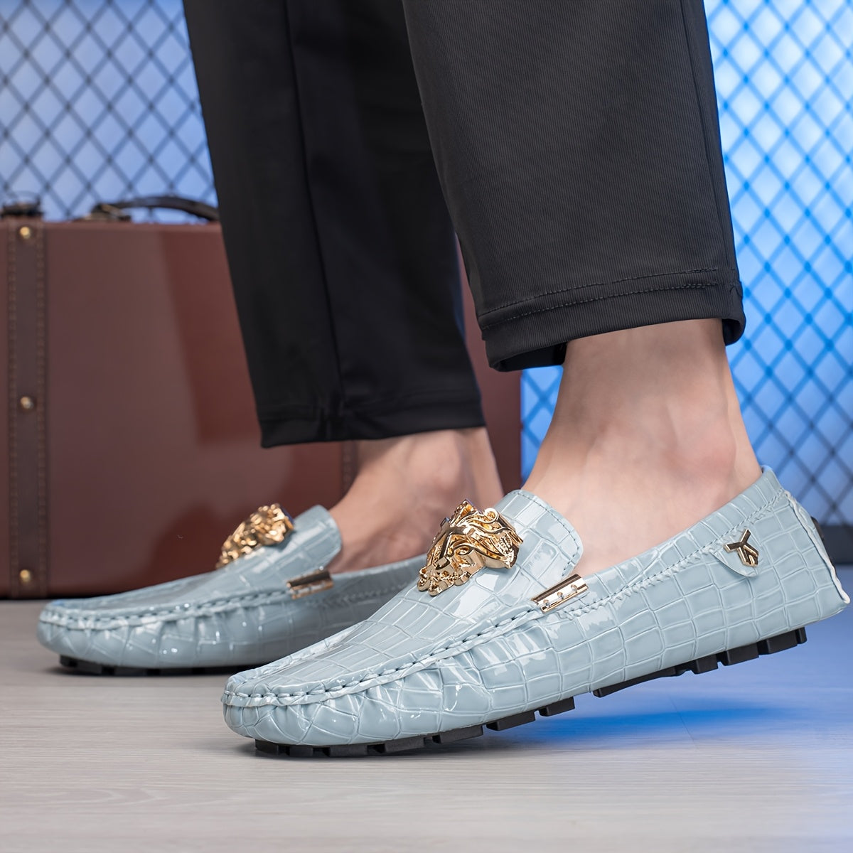SHOWLU Men's casual slip-on loafers with round toe design, breathable PU material, ideal for comfortable everyday wear.