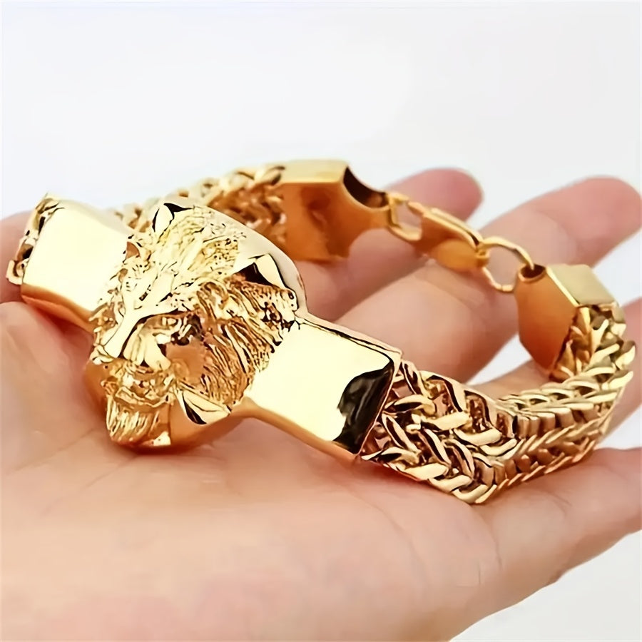 Two lion head bracelets by Showlu Fashion, 18K gold plated stainless steel with detailed lion face designs.