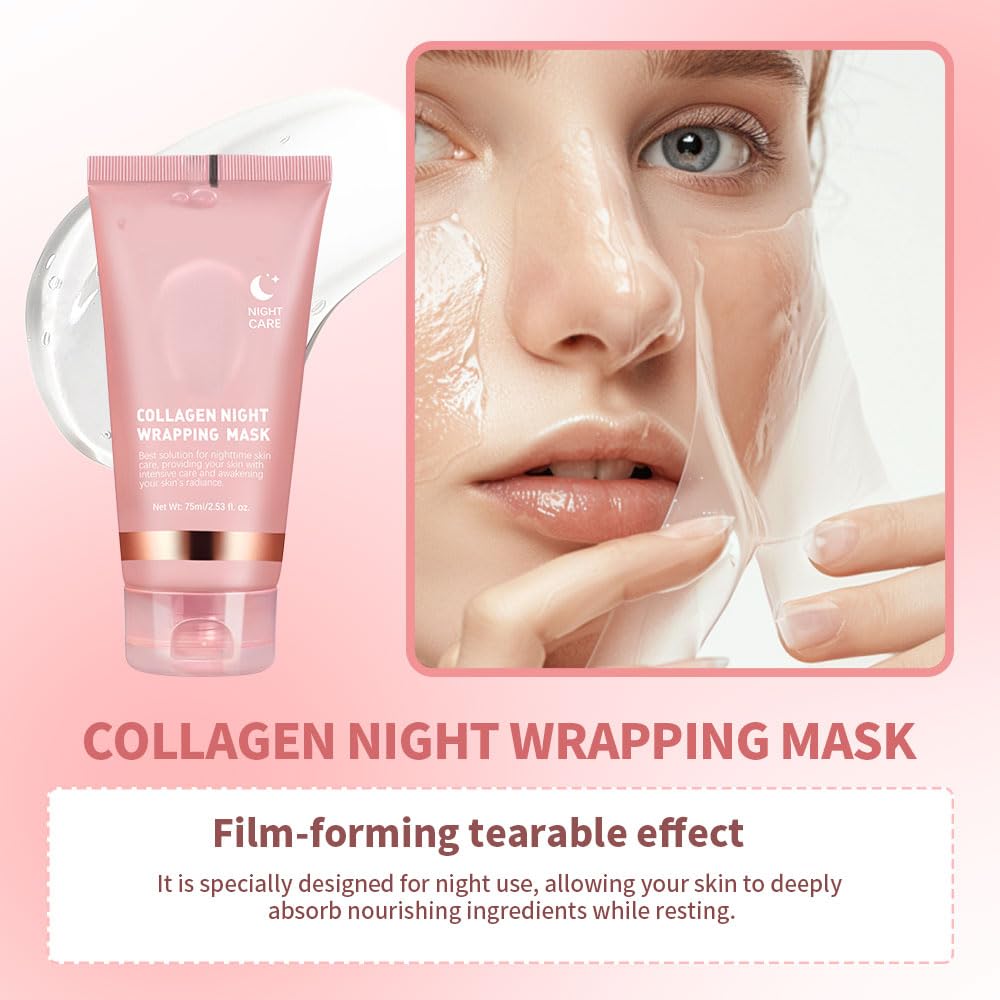 Stone's Store collagen peel-off mask applied to a clean face, showcasing its smooth, translucent texture for skincare.