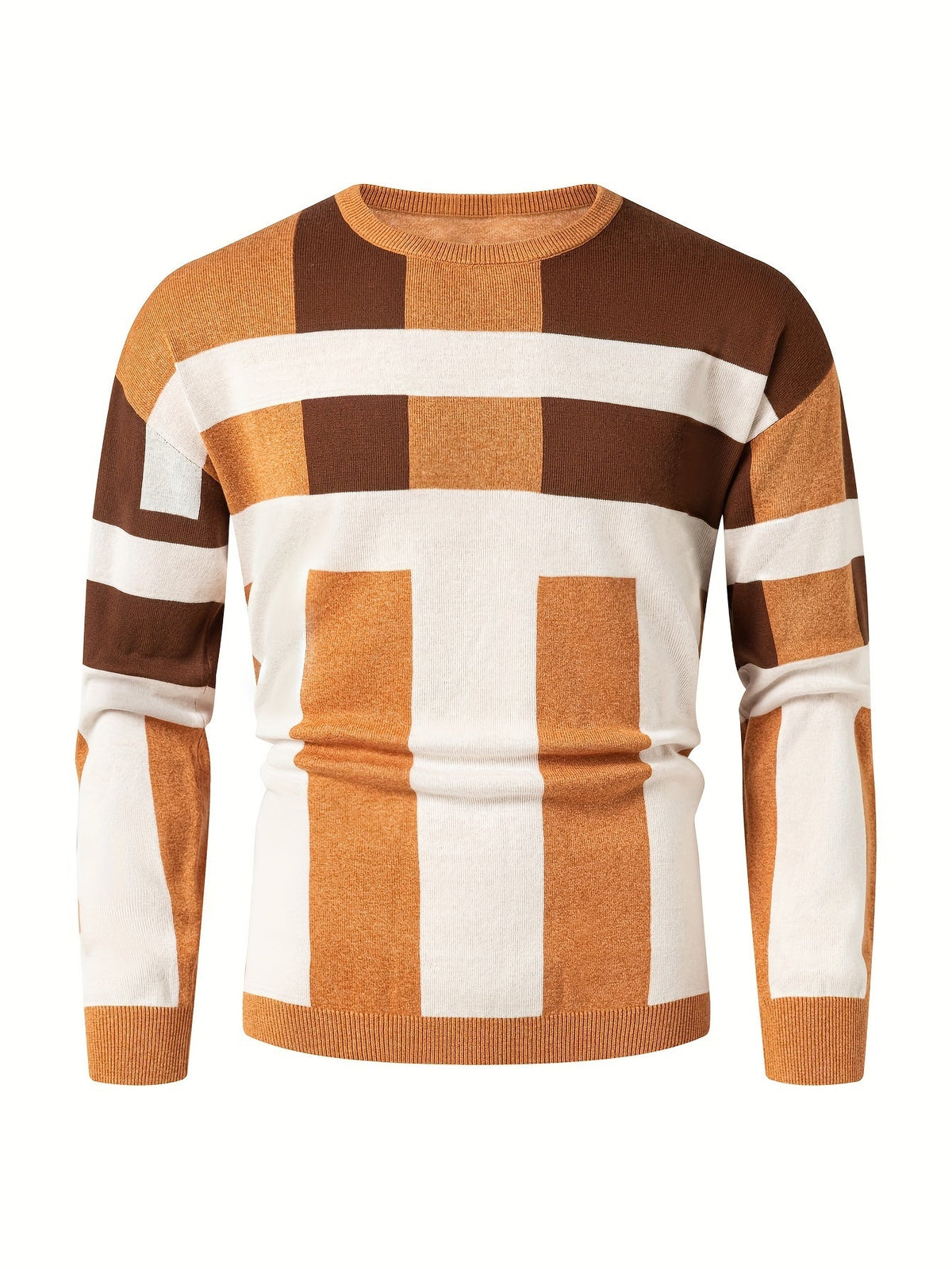 SHOWLU men's color block knit sweater with slim fit, viscose material, crew neck, featuring bold contrasting colors and modern design.
