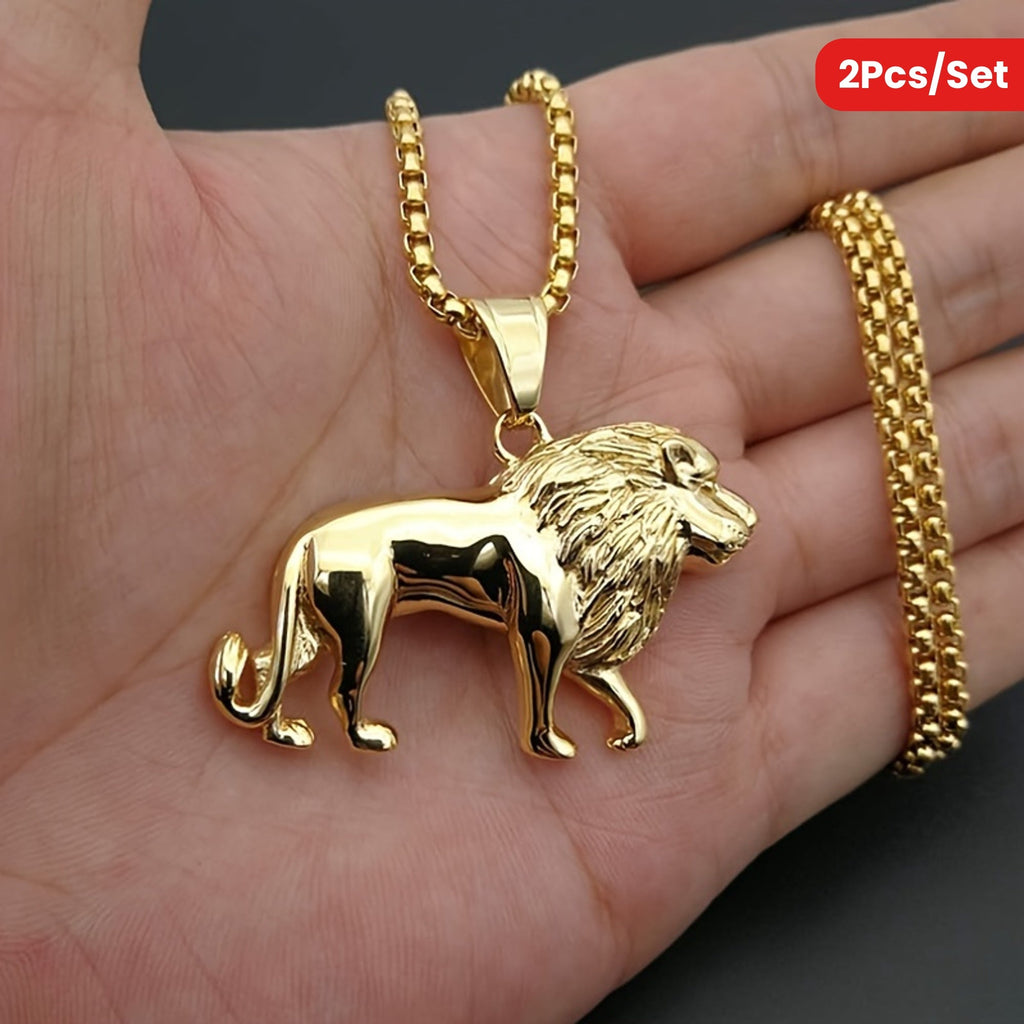SHOWLU FASHION men's lion pendant necklace set with two stainless steel necklaces, featuring detailed lion head charms.