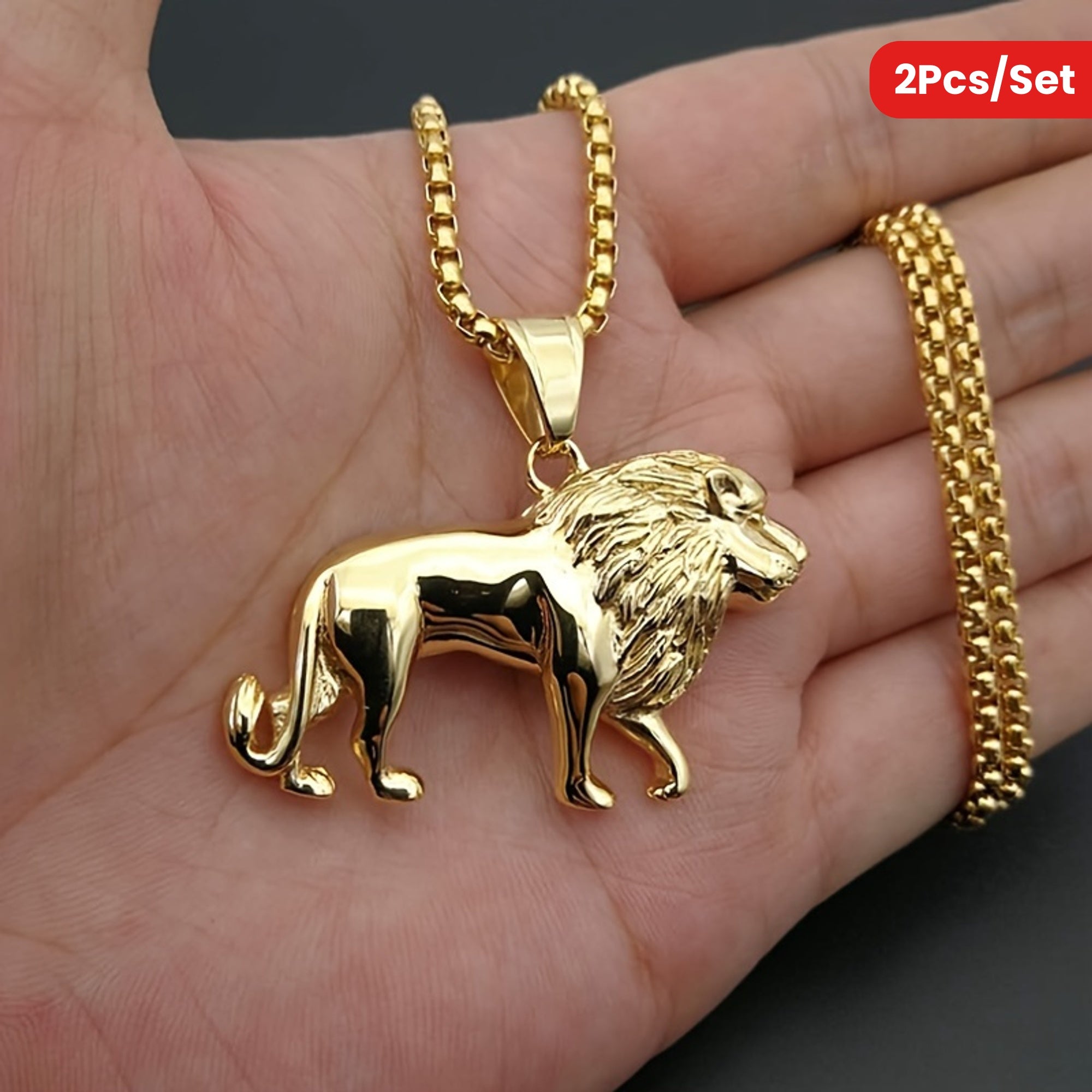 SHOWLU FASHION men's lion pendant necklace set with two stainless steel necklaces, featuring detailed lion head charms.