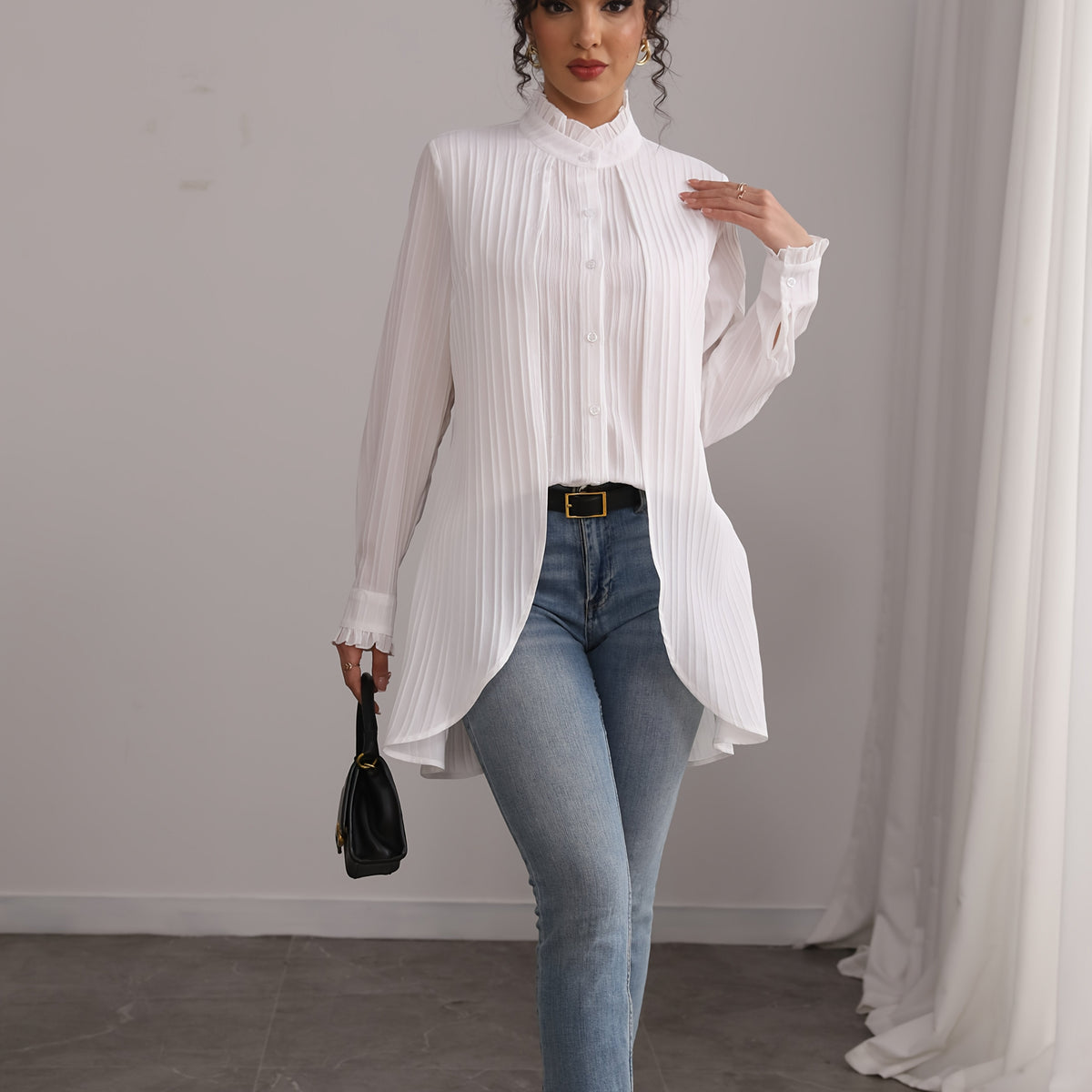 Elegant semi-sheer ruffle blouse for women with puffed sleeves by SHOWLU FASHION, featuring a stylish and feminine design.