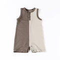 Baby boy sleeveless colorblock denim romper with front buttons, round neck, and summer overalls for infants.